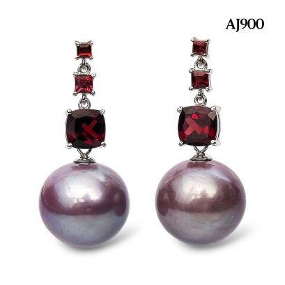 Approx. 16.2 mm, Edison Pearl, Three Stones Garnet Hook Dangle Pearl Stud Earrings
