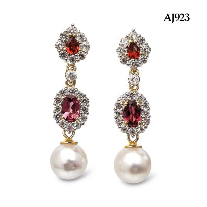 8.4 mm and 8.4 mm, Akoya Pearl, Royal Garnet Halo Whte Zircon Dangle Pearl Stud Earrings