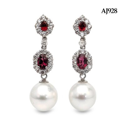 Approx. 11.0 mm, White South Sea Pearl, Royal Garnet Halo Whte Zircon Dangle Pearl Stud Earrings