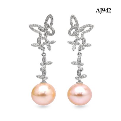 12.9 mm and 13.0 mm, Edison Pearl, Butterfly CZ Dangle Pearl Stud Earrings