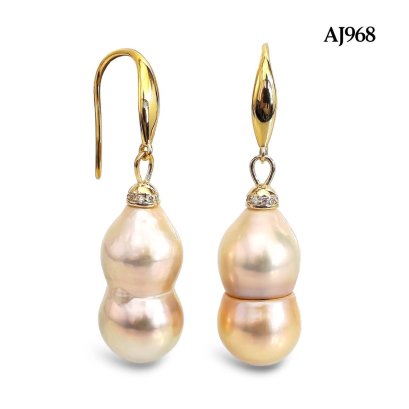 Approx. 12.0 - 13.0 mm, Twin Pearl, Freshwater Pearl, Fish Hooks with CZ Paved Cap Pearl Earrings