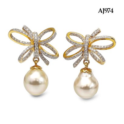 10.6 mm and 10.7 mm, Brown Sugar, South Sea Pearl, Bow Moissanite Paved Dangle Pearl Stud Earrings