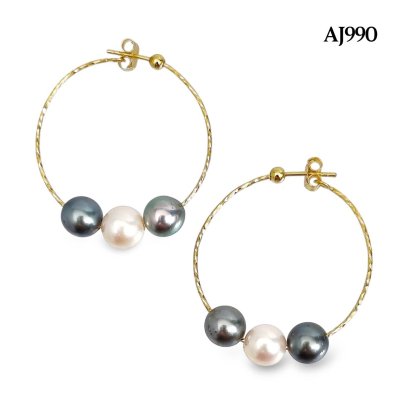 7.5 - 8.0 mm, Akoya and Tahitian Pearl, Hoop Triple Pearl Earrings