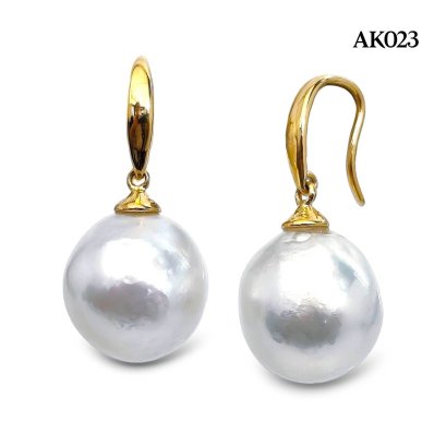 12.0 mm and 12.0 mm, White South Sea Pearl, Fish Hooks Dangle Pearl Earrings