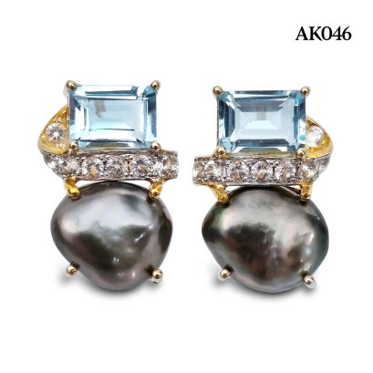 Approx. 10.0 mm, Tahitian Pearl, Four Prongs Sky Blue Topaz & Pearl Stud Earrings