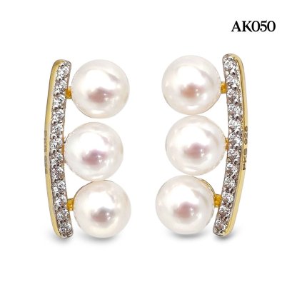 Approx. 5.5 mm up, AK Pearl, CZ Bar Triple Pearl Stud Earrings