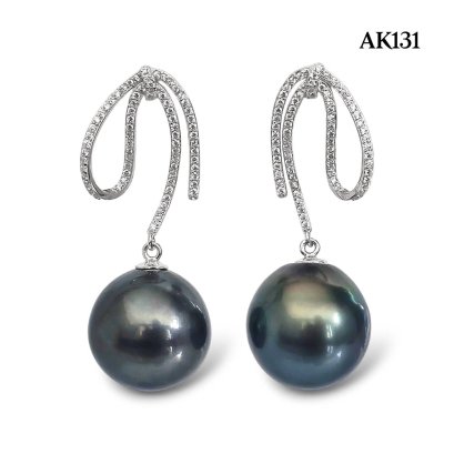 15.0 mm and 15.1 mm, Tahitian Pearl, Ribbon Bow Dangle Pearl Stud Earrings