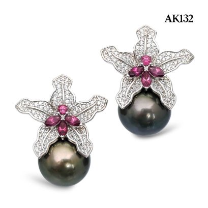 15.6 mm and 15.6 mm, Tahitian Pearl, Lilly Dangle Pearl Stud Earrings