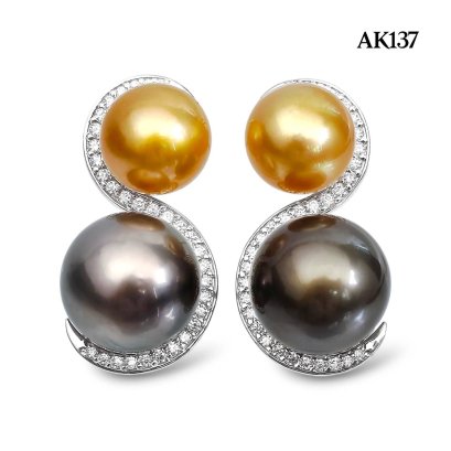 Approx. 12.0 mm and 15.0 mm, Gold South Sea and Tahitian Pearl, Spirit & Spiral Double Pearl Stud Earrings