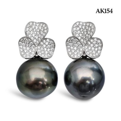 Approx. 15.0 - 16.0 mm, Tahitian Pearl, Umiko CZ Paved Dangle Pearl Stud Earrings