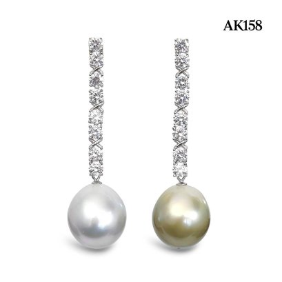 16.4 mm and 16.6 mm, Tahitian Pearl, Icicle CZ Row Dangle Pearl Stud Earrings
