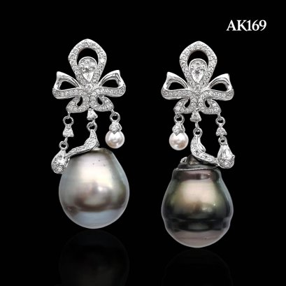 4.0 - 18.0 mm and 18.4 mm, Jumbo Size, Akoya and Tahitian Pearl, Fleur-de-lis Dangle Pearl Stud Earrings