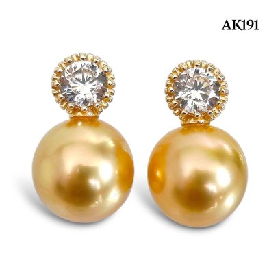 Approx. 9.0 mm, Gold South Sea Pearl, CZ Dot Pearl Stud Earrings