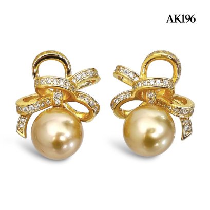 Approx. 9.0 mm, Gold South Sea Pearl, Bow CZ Pearl Stud Earrings