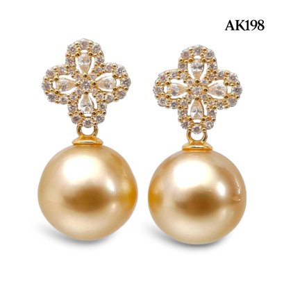 Approx. 12.0 mm, Gold South Sea Pearl, Clover CZ Paved Dangle Pearl Stud Earrings