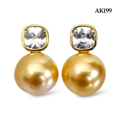 Approx. 11.0 mm, Gold South Sea Pearl, Cushion Shape CZ Dot Pearl Stud Earrings