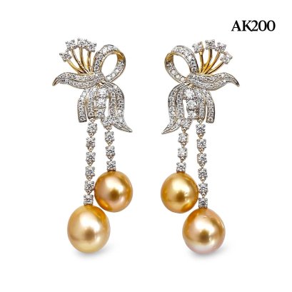 8.7-8.9 mm and 9.8-9.8 mm, Gold South Sea Pearl, Icy Bow Dangle Pearls Stud Earrings