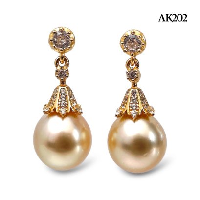 Approx. 9.0 mm, Gold South Sea Pearl, Diamond Dot Dangle Umbrella Cap Pearl Stud Earrings