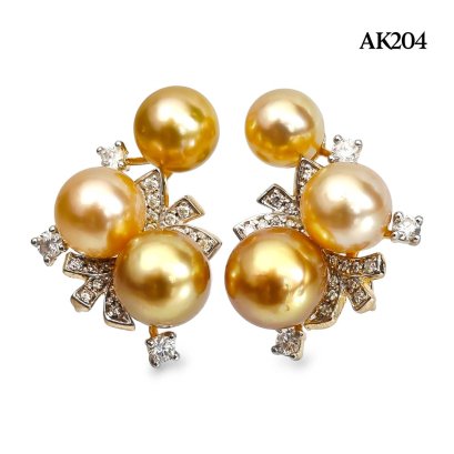 7.0 - 8.5 mm, Gold South Sea Pearl, Triple Pearl Bunch Moissanite Stud Earrings