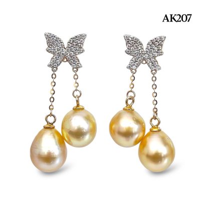 Approx. 7.0 - 8.0 and 9.0 mm, Gold South Sea Pearl, Butterfly Moissanite Paved Dangle Chain Pearls Stud Earrings