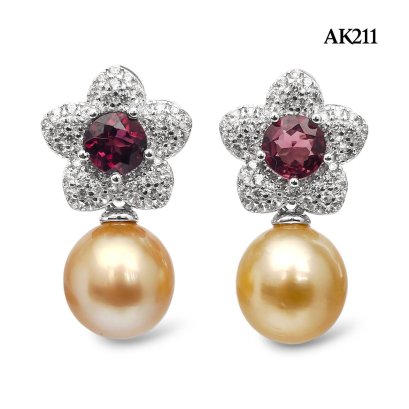 Approx. 10.0 mm, Gold South Sea Pearl, Daisy Garnet & White Topaz Dangle Jacket Pearl Stud Earrings