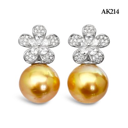 Approx. 11.0 mm, Gold South Sea Pearl, Daisy CZ Paved Dangle Pearl Stud Earrings