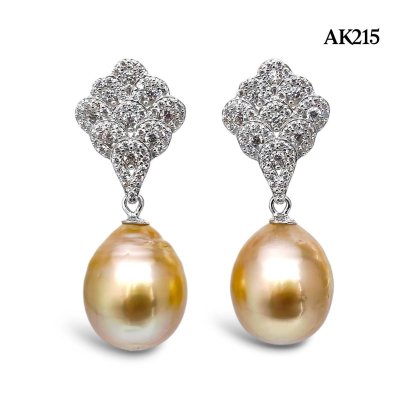 Approx. 11.0 mm, Gold South Sea Pearl, Peacock Tail CZ Dangle Pearl Stud Earrings