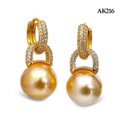 Approx. 11.0 mm, Gold South Sea Pearl, Hoop CZ with Jacket Pearl Earrings