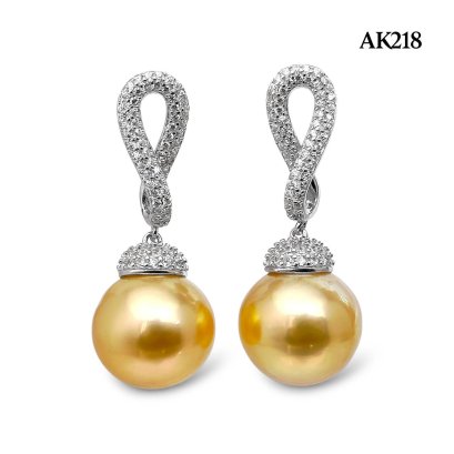 Approx. 11.0 mm, Gold South Sea Pearl, Infinity CZ Dangle Pearl Stud Earrings