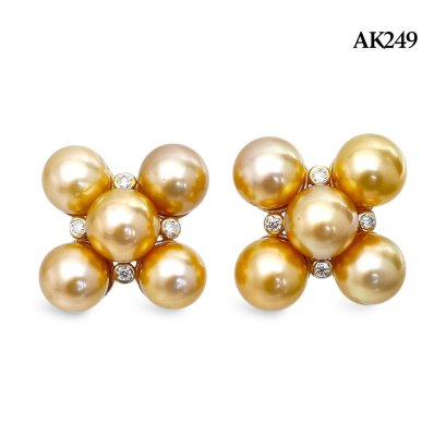 Approx. 8.5 mm, Gold South Sea Pearl, "Jewelry of The Royal Family" Cluster Pearl Stud Earrings