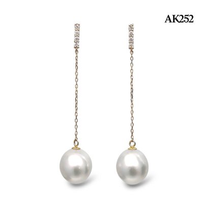 11.0 mm and 11.0 mm, White South Sea Pearl, Four Stones Diamond Chain Dangle Pearl Stud Earrings
