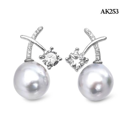 Approx. 9.0 mm, White South Sea Pearl, X CZ & Pearl Stud Earrings