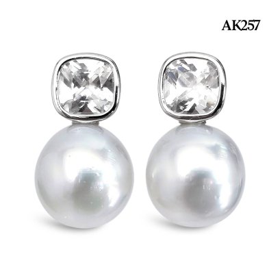 Approx. 10.0 mm, White South Sea Pearl, CZ Cushion Shape Dot Pearl Stud Earrings