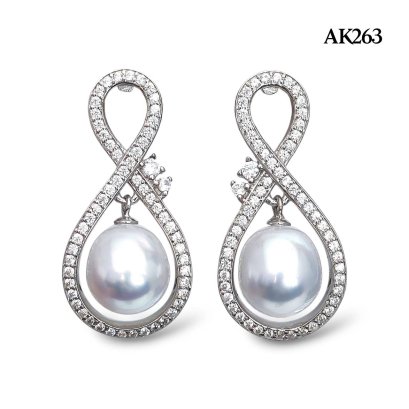10.0 mm, White South Sea Pearl, Infinity White Zircon Paved Dangle Pearl Stud Earrings