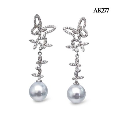 Approx. 9.0-10.0 mm, White South Sea Pearl, Butterfly Dangle Pearl Stud Earrings