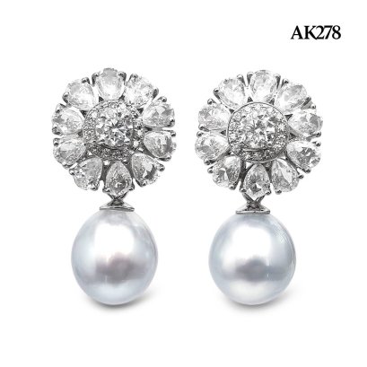 Approx. 9.0-10.0 mm, White South Sea Pearl, Flower CZ Stud Earrings with Dangle Pearl Jacket