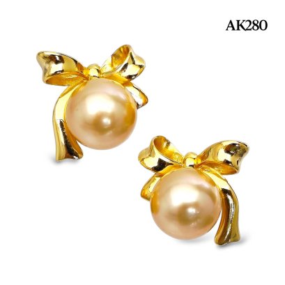 9.3 mm and 9.4 mm, Gold South Sea Pearl, Bow Pearl Stud Earrings