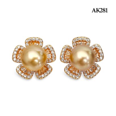 Approx. 9.0 mm, Gold South Sea Pearl, Flower Pearl Stud Earrings