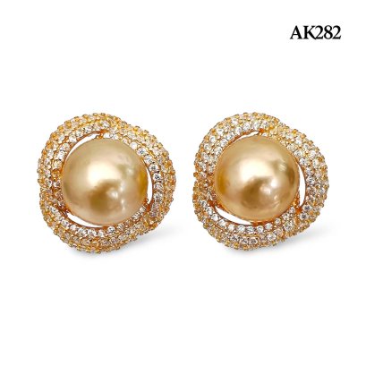 Approx. 9.0 mm, Gold South Sea Pearl, Pearl Row Halo Stud Earrings