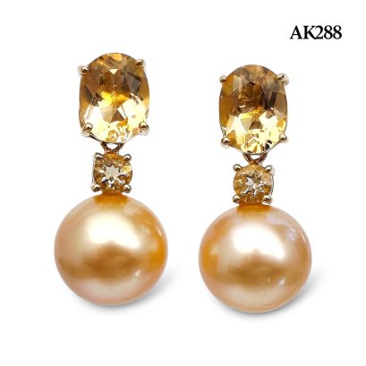 Approx. 11.0 mm, Gold South Sea Pearl, Citrine Oval Cut Stud Earrings with Citrine Dot Pearl Jacket