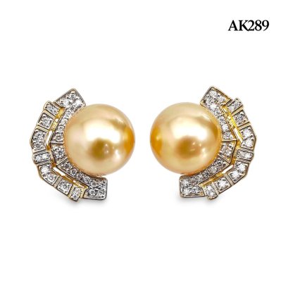 Approx. 10.0 mm, Gold South Sea Pearl, Art Deco Design Pearl Stud Earrings