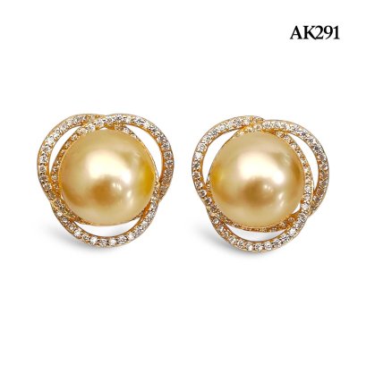 Approx. 10.0 mm, Gold South Sea Pearl, Solitaire Pearl Twisted Halo CZ Stud Earrings