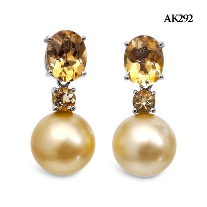 Approx. 11.0 mm, Gold South Sea Pearl, Citrine Oval Cut Stud Earrings with Citrine Dot Pearl Jacket