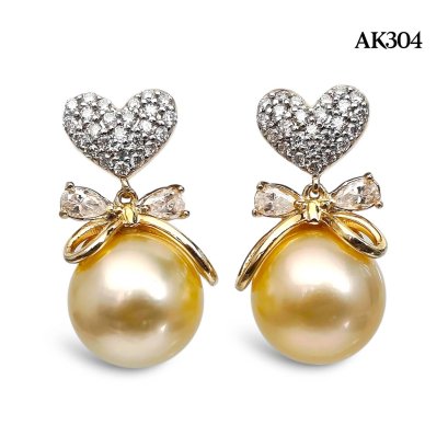 Approx. 11.0 mm, Gold South Sea Pearl, Heart Dangle Bow Pearl Stud Earrings
