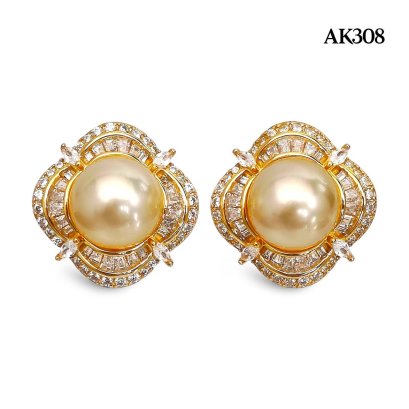 Approx. 9.0 mm, Gold South Sea Pearl, Solitaire Pearl Halo Double CZ Earring