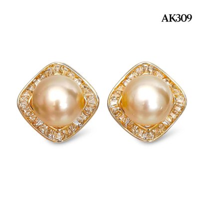 Approx. 9.0 mm, Gold South Sea Pearl, Solitaire Pearl Square Halo CZ Stud Earrings