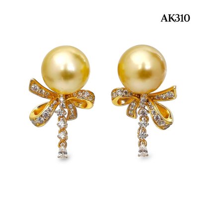 Approx. 10.0 - 11.0 mm, South Sea Pearl, Bow CZ Tail Pearl Stud Earrings
