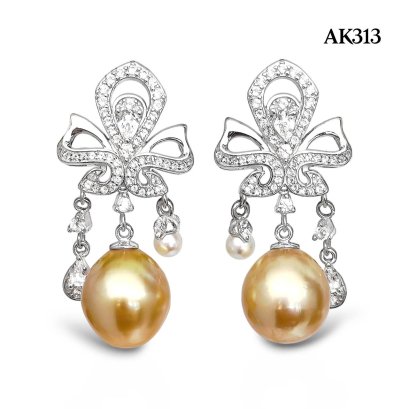 Approx. 4.0 mm and 12.0 mm, Akoya & Gold South Sea Pearl, Fleur-de-lis Dangle Pearl Stud Earrings