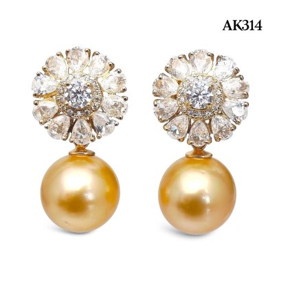 Approx. 11.0 mm, Gold South Sea Pearl, Daisy CZ Stud Earrings with Dangle Pearl Jacket
