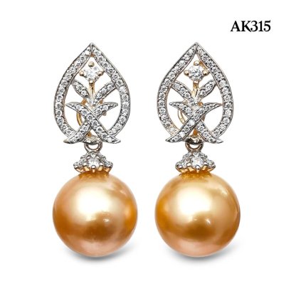 Approx. 13.0 mm, Gold South Sea Pearl, Royal Lotus Moissanite Paved Stud Earrings with Dangle Pearl Jacket